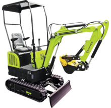 Minibagger mit Fahrerkabine, Raupenfahrwerk und Schaufel