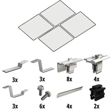 Befestigungsmaterial für Solarmodule mit Dachhaken, Modulklemmen, Schrauben und Schienen
