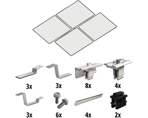 Befestigungsmaterial für Solarmodule mit Dachhaken, Modulklemmen, Schrauben und Schienen