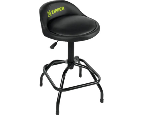 Zipper Werkstatthocker mit Rückenlehne und verstellbarer Höhe.
