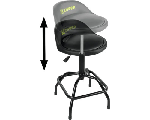 Höhenverstellbarer Werkstatthocker mit Zipper Logo.