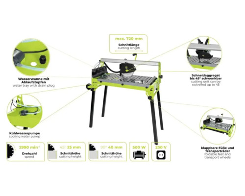 Fliesenschneidmaschine mit Wasserwanne, Kühlwasserpumpe, schwenkbarem Schneidaggregat, klappbaren Füßen und Transporträdern.