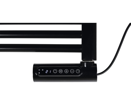 Detailansicht eines schwarzen Handtuchwärmers mit digitalem Bedienfeld