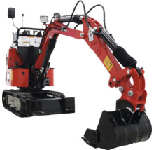 Roter Minibagger mit Kettenlaufwerk und Schaufel