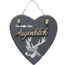 Herzförmiges Dekoschild aus Schiefer mit Hirschmotiv und Aufschrift Genieße den Augenblick