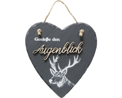 Herzförmiges Dekoschild aus Schiefer mit Hirschmotiv und Aufschrift Genieße den Augenblick