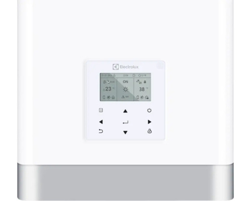 Electrolux Logo. Bedienfeld einer Heizungsanlage mit digitaler Anzeige.