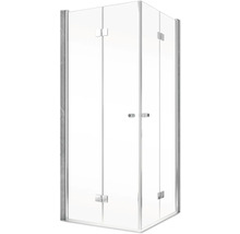 Eckdusche mit klaren Glastüren und silberfarbenen Beschlägen