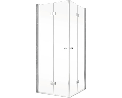 Eckdusche mit klaren Glastüren und silberfarbenen Beschlägen