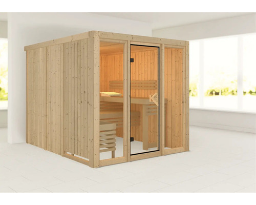 Holzsauna mit Glastür und Bänken