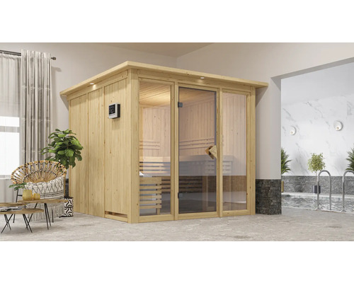 Holzsauna mit Glastür neben einem Pool