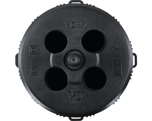 Schwarzer runder Verbinder mit vier Löchern und den Aufschriften VDM1, IP68 und CE