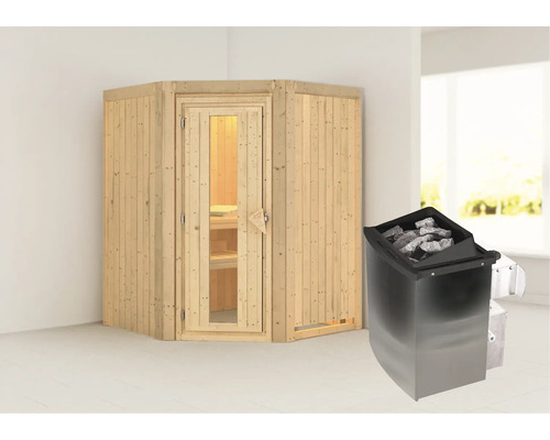 Elementsauna Karibu Larina inkl. 9 kW Ofen u.integr.Steuerung ohne Dachkranz mit Holztüre und Isolierglas wärmegedämmt