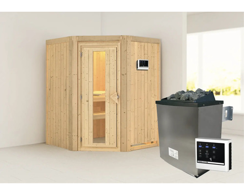 Elementsauna Karibu Larina inkl. 9 kW Ofen u.ext.Steuerung ohne Dachkranz mit Holztüre und Isolierglas wärmegedämmt