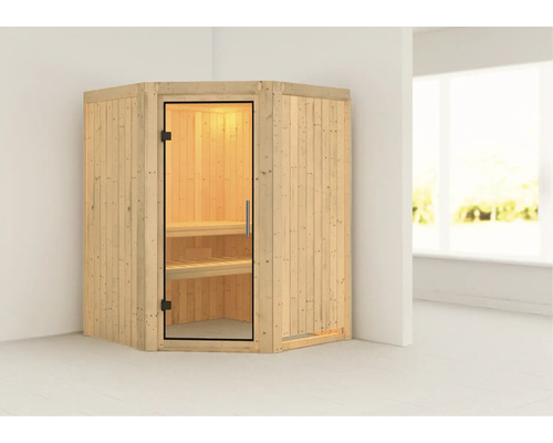 Elementsauna Karibu Callinan ohne Ofen ohne Dachkranz mit Ganzglastüre aus Klarglas Innensauna aus Holz mit Glastür und zwei Bänken