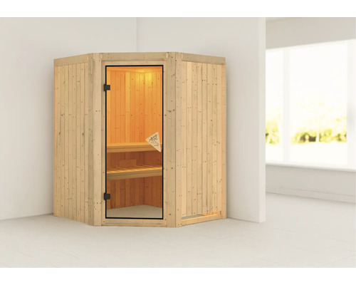 Elementsauna Karibu Larina ohne Ofen und Dachkranz mit bronzierter Ganzglastüre Holzsauna mit Glastür und Bänken