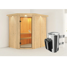 Ecksauna aus Holz mit Saunaofen