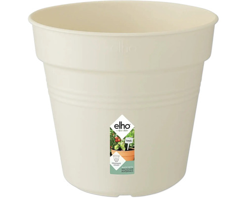 Blumentopf aus Kunststoff mit Elho Logo und dem Hinweis ''Hergestellt aus recycelten Materialien''.