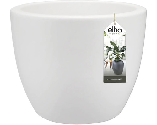 Weißer Pflanztopf mit Elho Logo und Garantiehinweis