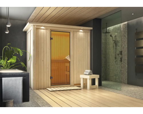 Elementsauna Karibu Mariado ohne Ofen mit Dachkranz und bronzierter Ganzglastüre Elementsauna Karibu Mariado ohne Ofen mit Dachkranz und bronzierter Ganzglastüre