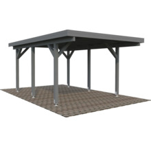 Grauer Holzcarport mit Flachdach auf gepflastertem Untergrund