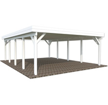 Weißes Holzcarport mit rechteckigen Stützpfosten