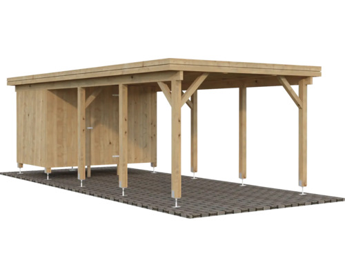 Holzcarport mit Geräteraum zur Unterbringung von Gartengeräten und zum Schutz eines Autos