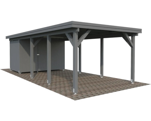Grauer Holzcarport mit Geräteschuppen