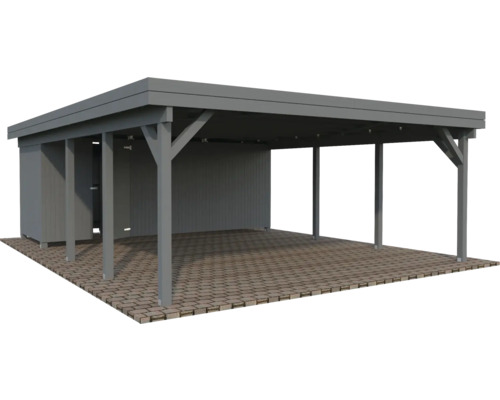 Grauer Carport mit Geräteschuppen
