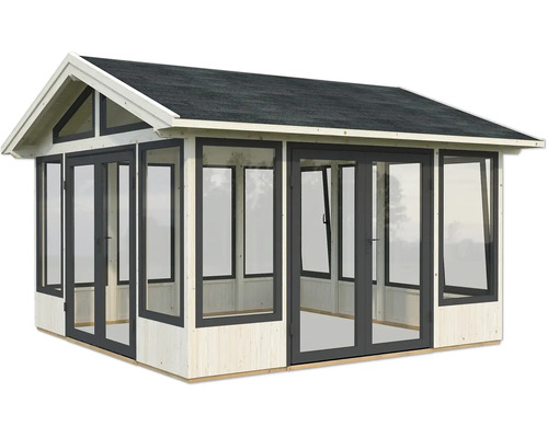 Gartenhaus mit Spitzdach, Fenstern und Doppeltür