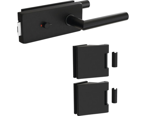 Pertura Glastürbeschlag Aiko Studio/Office WC Schwarz inkl. 2 Rahmenteile für Holzzargen Glastürschloss-Set mit Türdrücker und zwei Türbändern