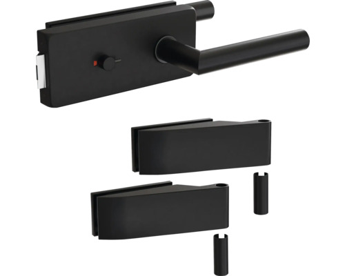 Pertura Glastürbeschlag Aiko Studio WC Schwarz inkl. 2 Rahmenteile für Holzzargen Glastürschloss-Set mit Griff und zwei Glasklemmen