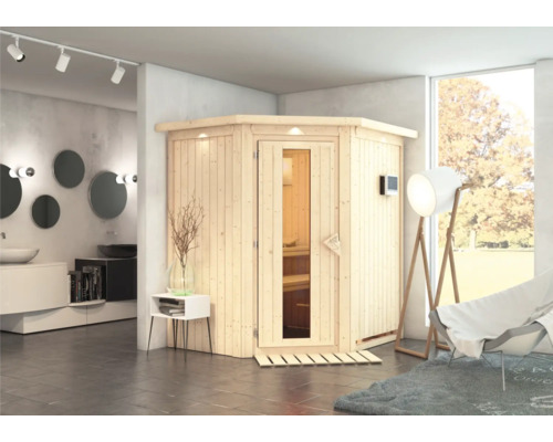 Elementsauna Karibu Maurin inkl. 9 kW Bio Ofen u.ext.Steuerung mit Dachkranz und Holztüre mit Isolierglas wärmegedämmt