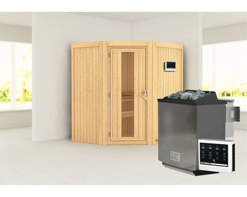 Elementsauna Karibu Maurin inkl. 9 kW Bio Ofen u.ext.Steuerung ohne Dachkranz mit Holztüre und Isolierglas wärmegedämt