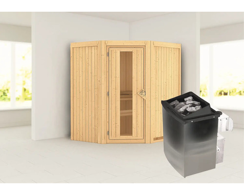 Elementsauna Karibu Maurin inkl. 9 kW Ofen u.integr.Steuerung ohne Dachkranz mit Holztüre und Isolierglas wärmegedämmt