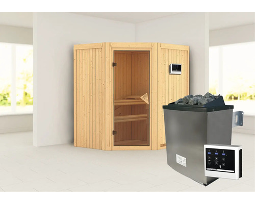 Elementsauna Karibu Maurin inkl. 9 kW Ofen u.ext.Steuerung ohne Dachkranz mit bronzierter Ganzglastüre