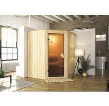 Holzsauna mit Glastür in hellem, modernem Badezimmer