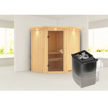 Ecksauna aus Holz mit Saunaofen im Raum
