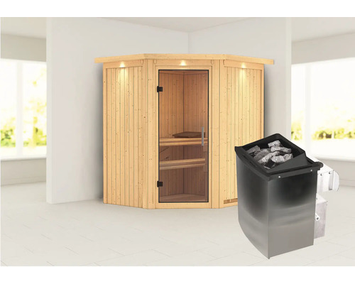 Elementsauna Karibu Maurin inkl. 9 kW Ofen u.integr.Steuerung mit Dachkranz und Ganzglastüre aus Klarglas