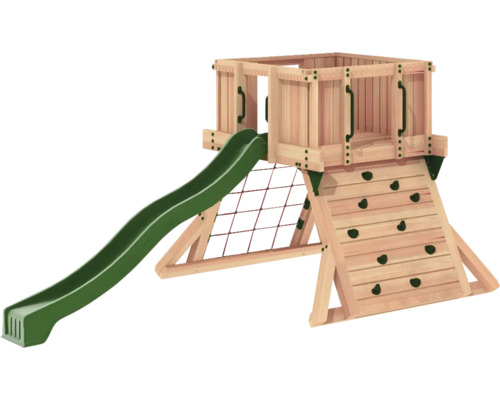 Spielturm aus Holz mit Rutsche, Kletternetz und Kletterwand