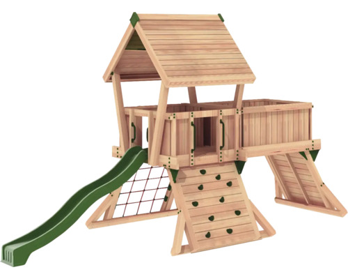 Holzspielhaus mit Rutsche, Kletterwand und Netz