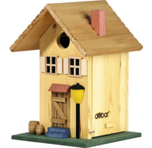 Dekoratives Vogelhaus aus Holz mit kleinen Fenstern und Tür
