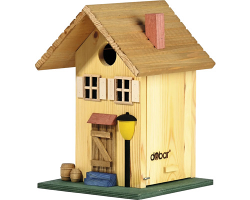 Dekoratives Vogelhaus aus Holz mit kleinen Fenstern und Tür