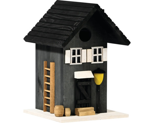 Dekoratives Vogelhaus aus Holz mit Leiter, Fenstern, Tür, Laterne und Fässern