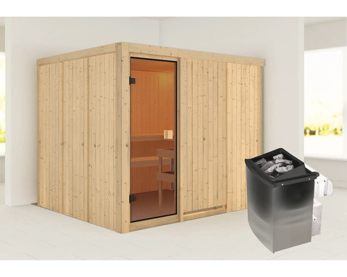 Elementsauna Karibu Nybro inkl. 9 kW Ofen u.integr.Steuerung ohne Dachkranz mit bronzierter Ganzglastüre