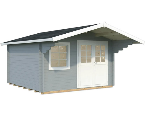 Gartenhaus Palmako Sally 12,3 m² inkl. Fußboden 426 x 530 cm hellgrau-weiß Holzgartenhaus mit Fenster und Doppeltür