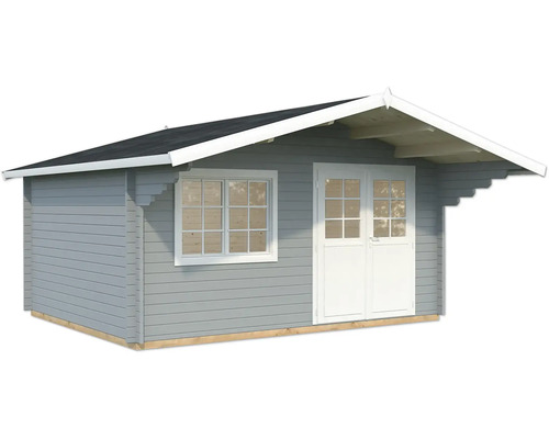 Gartenhaus Palmako Sally 15,5 m² inkl. Fußboden 515 x 530 cm hellgrau-weiß Graues Gartenhaus mit Fenster und Doppeltür
