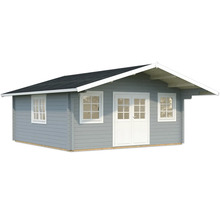 Gartenhaus aus Holz mit Fenstern und Doppeltür