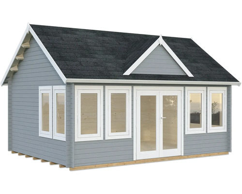 Gartenhaus Palmako Claudia 19,4 m² inkl. Fußboden 574 x 424 cm hellgrau-weiß Gartenhaus mit Doppeltür und Fenstern