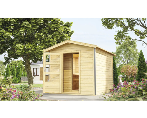 Holzgartenhaus mit geöffneter Tür in einem Garten